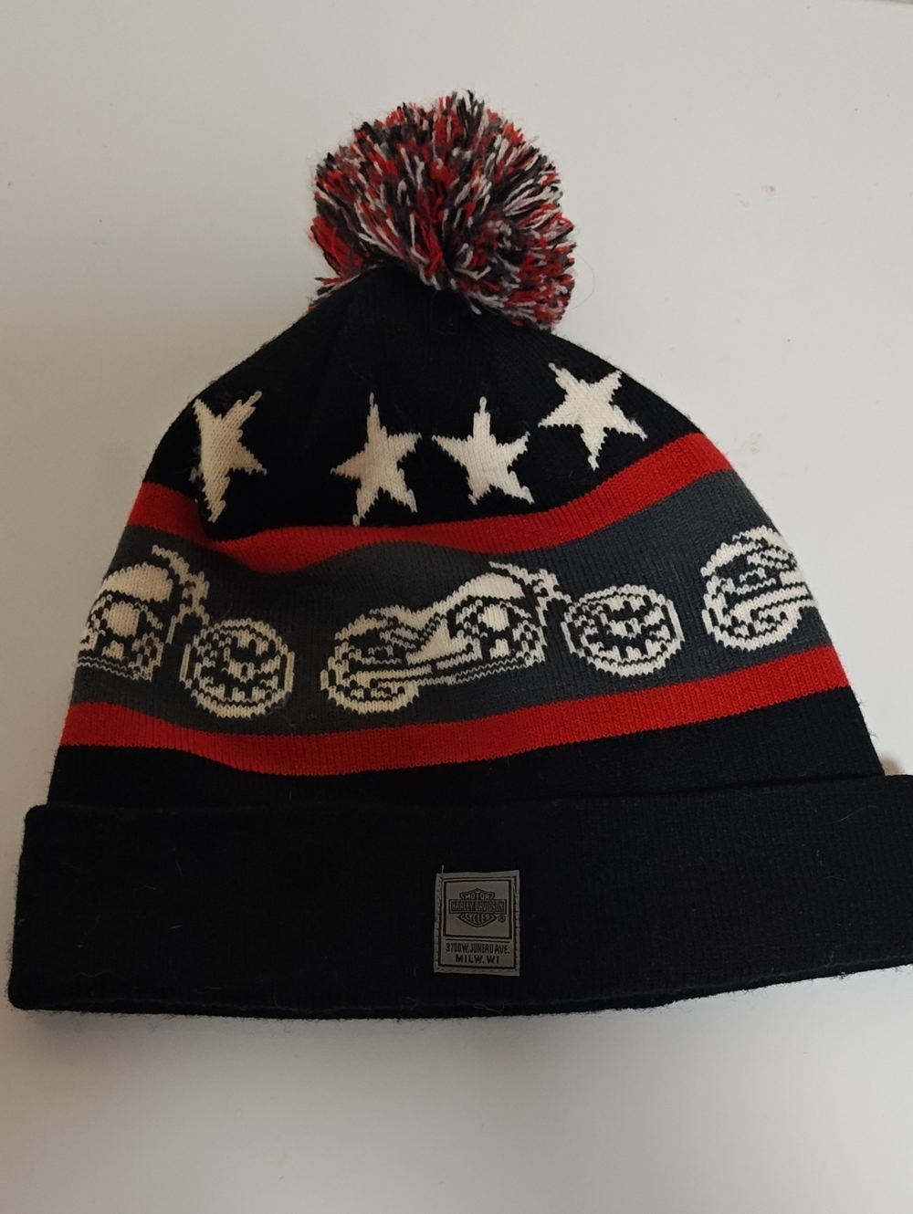 Harley-Davidson Black, Red & Gray Pom-Top Knit Hat